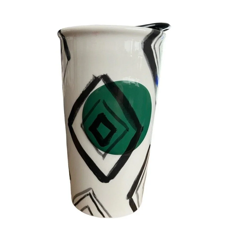 Starbucks Ceramic Tumbler Coffee Mug 2014 Green Dot Diamond 10 oz. Black Lid